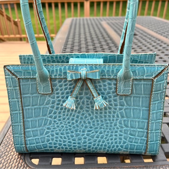 Liz Claiborne double handle faux leather snakeskin embosed turquoise purse - Picture 9 of 10